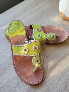 Jack Rogers Neon Lime Floral Leather Slide Sandals